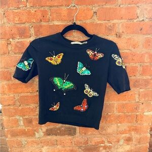 Alice + Olivia Black Embellished Butterfly Knit Sweater Top Size Small